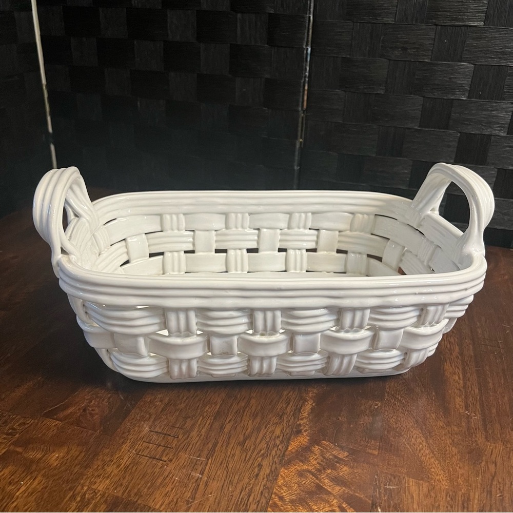 12" Vintage Italian White Woven ceramic Basket